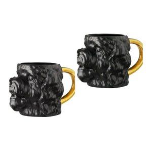 Set Of Two Black and Gold 3D Dog‎ Face Shaped Stoneware Coffee Mug 14oz